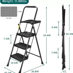 HBTower 3 Step Ladder with Tool Tray, Folding Step Stool with Wide Non-Slip Pedal and Comfort Handgrip, Black