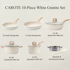 CAROTE Pots and Pans Set Nonstick, White Granite Induction Kitchen Cookware Sets, 10 Pcs Non Stick Cooking Set w/Frying Pans & Saucepans