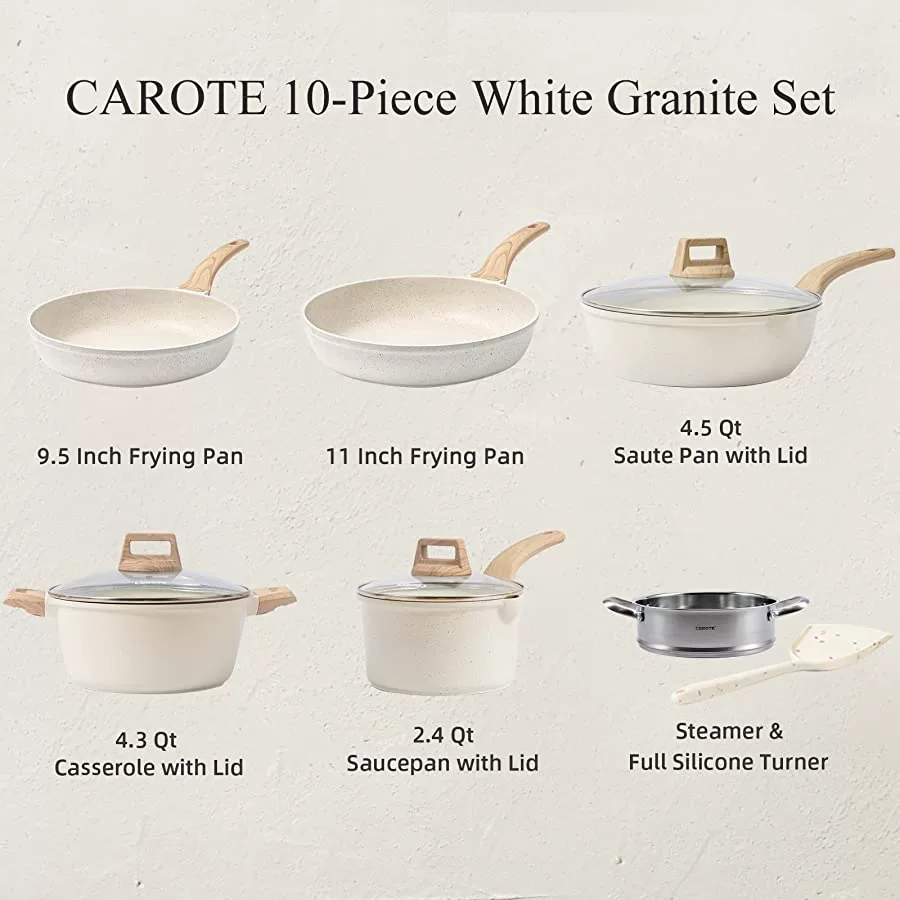 CAROTE Pots and Pans Set Nonstick, White Granite Induction Kitchen Cookware Sets, 10 Pcs Non Stick Cooking Set w/Frying Pans & Saucepans