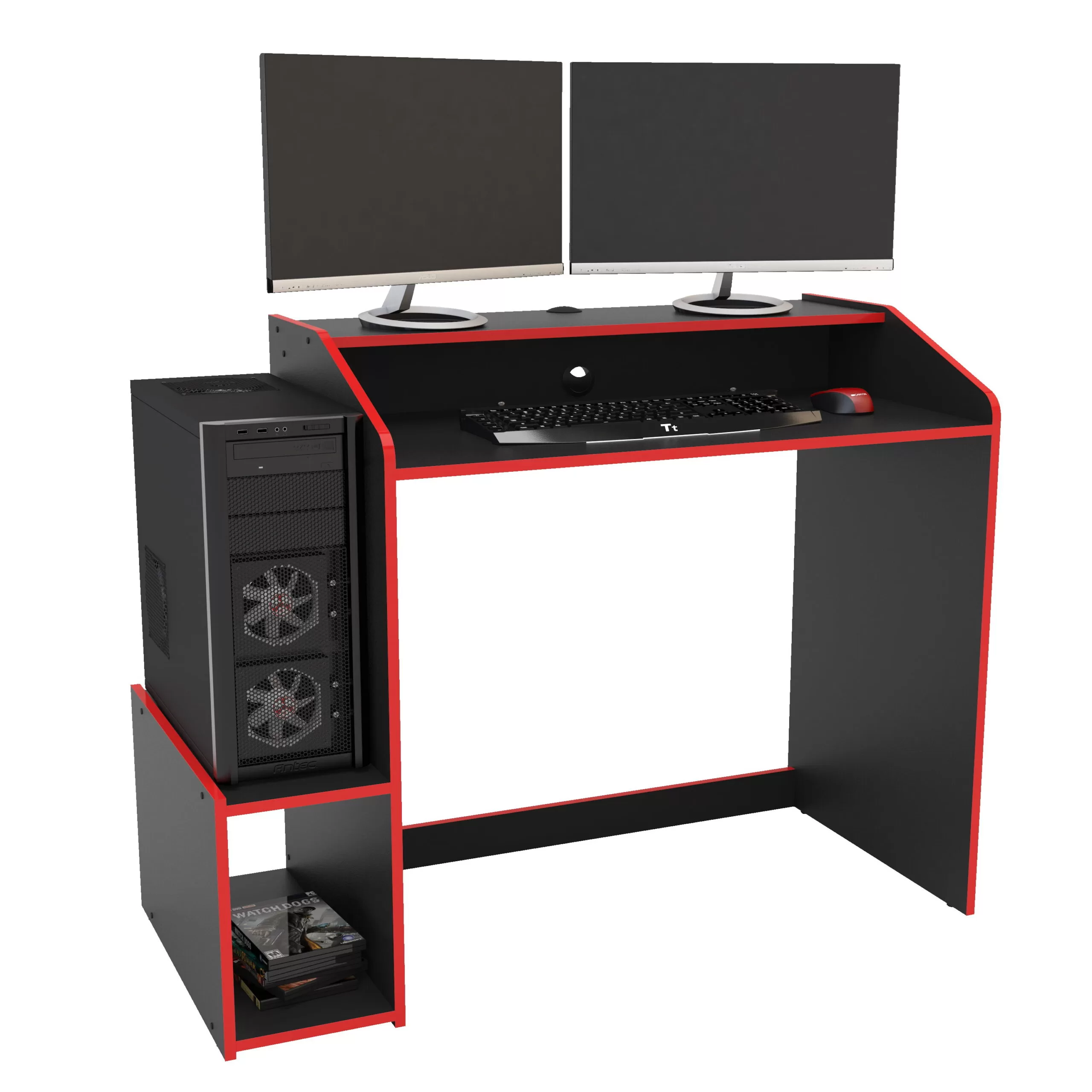 Polifurniture Legend Modern 45" Wood Gaming Desk with Monitor Stand, Black and Red Finish