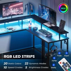 SUPERJARE L Shaped Gaming Desk with Power Outlets & LED Lights, Computer Desk, Black