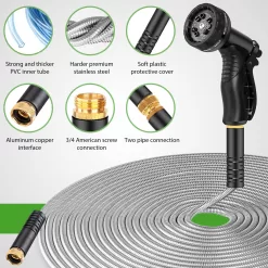 Metal Garden Hose 100FT, Stainless Steel Heavy Duty Water Hose With 10 Function Nozzle