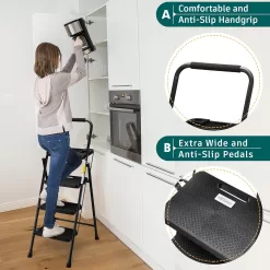 HBTower 3 Step Ladder with Tool Tray, Folding Step Stool with Wide Non-Slip Pedal and Comfort Handgrip, Black