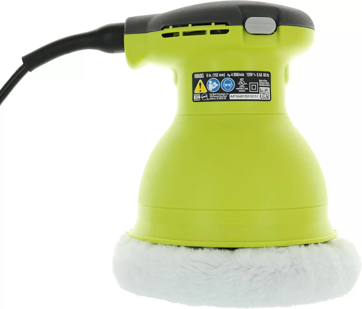 Ryobi RB61G 6 Inch Corded 120 Volt AC, .5 Amp 4,800 OPM Swirl-Free Orbital Buffer