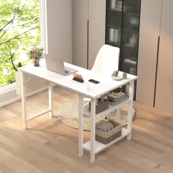 Lufeiya White L Shaped Computer Desk with Power Outlet Shelves, White