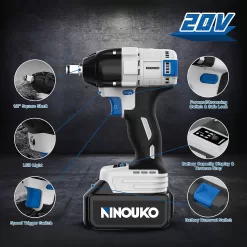 NINOUKO Cordless Impact Wrench 1/2 inch, 20V Electric Impact Gun