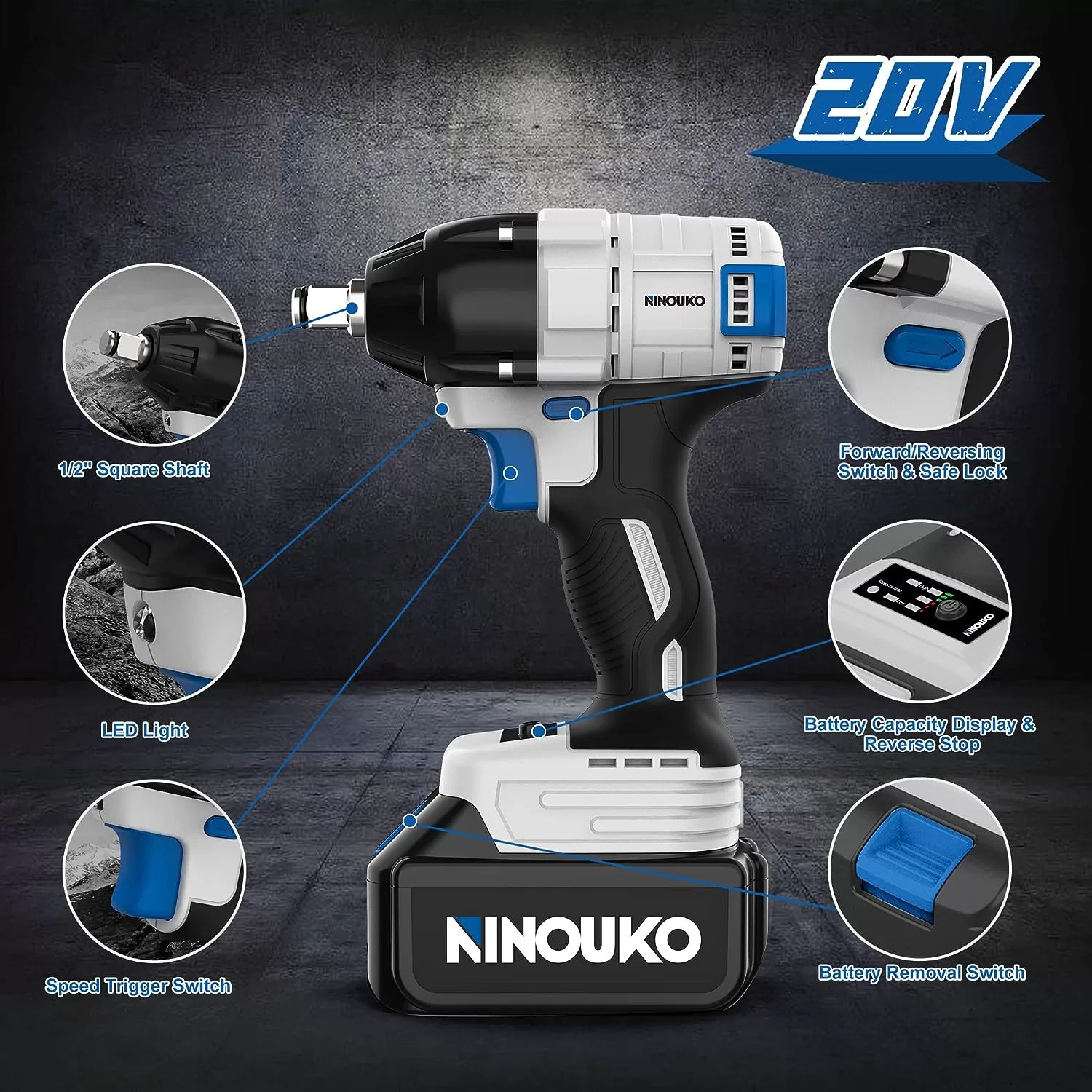 NINOUKO Cordless Impact Wrench 1/2 inch, 20V Electric Impact Gun