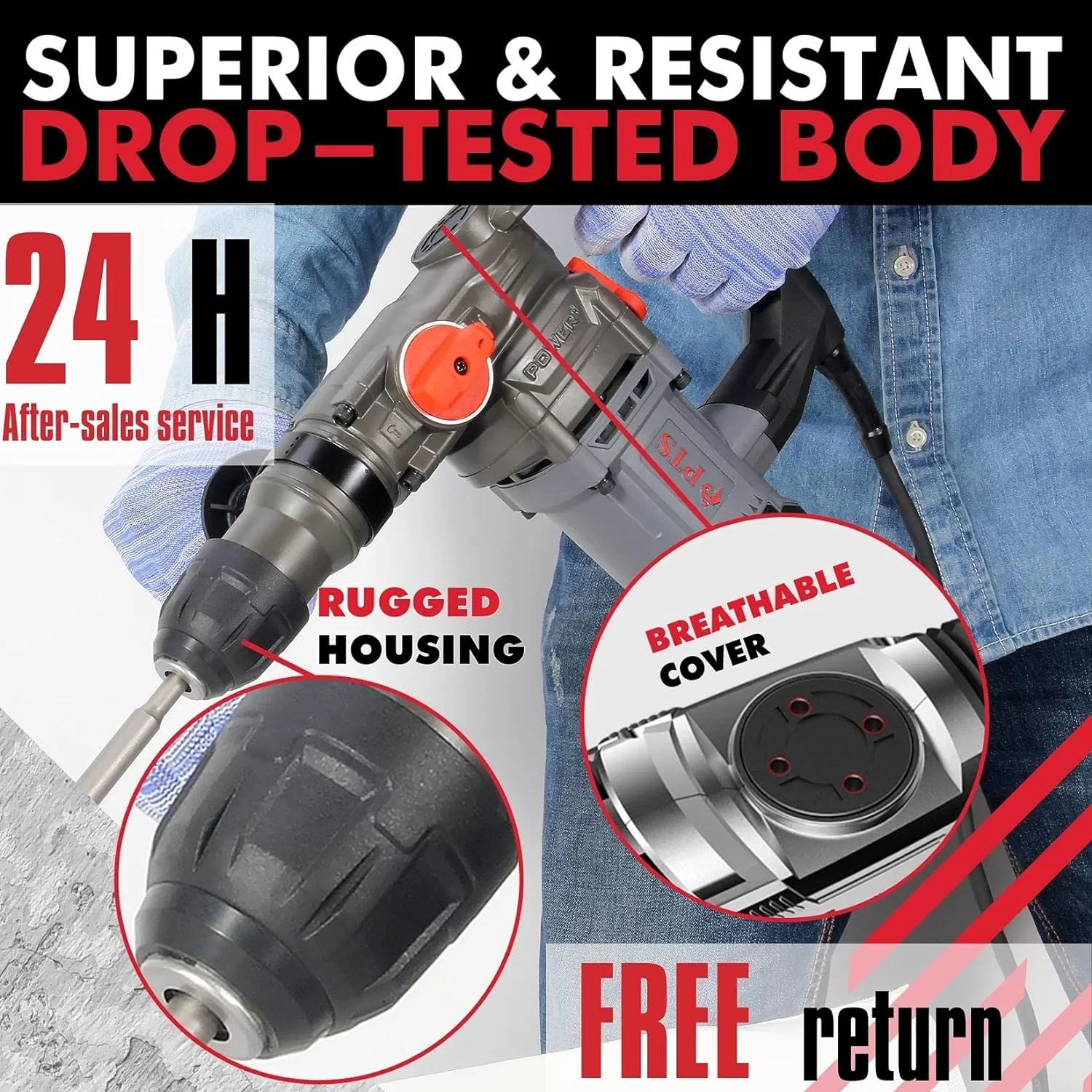 PTS Corded Rotary Hammer Drill 1”26mm 10Amp 110V Combination Rotary Hammer