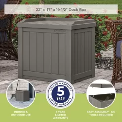 Suncast 22 Gallon Indoor or Outdoor Backyard Patio Small Storage Deck Box, Stone Gray