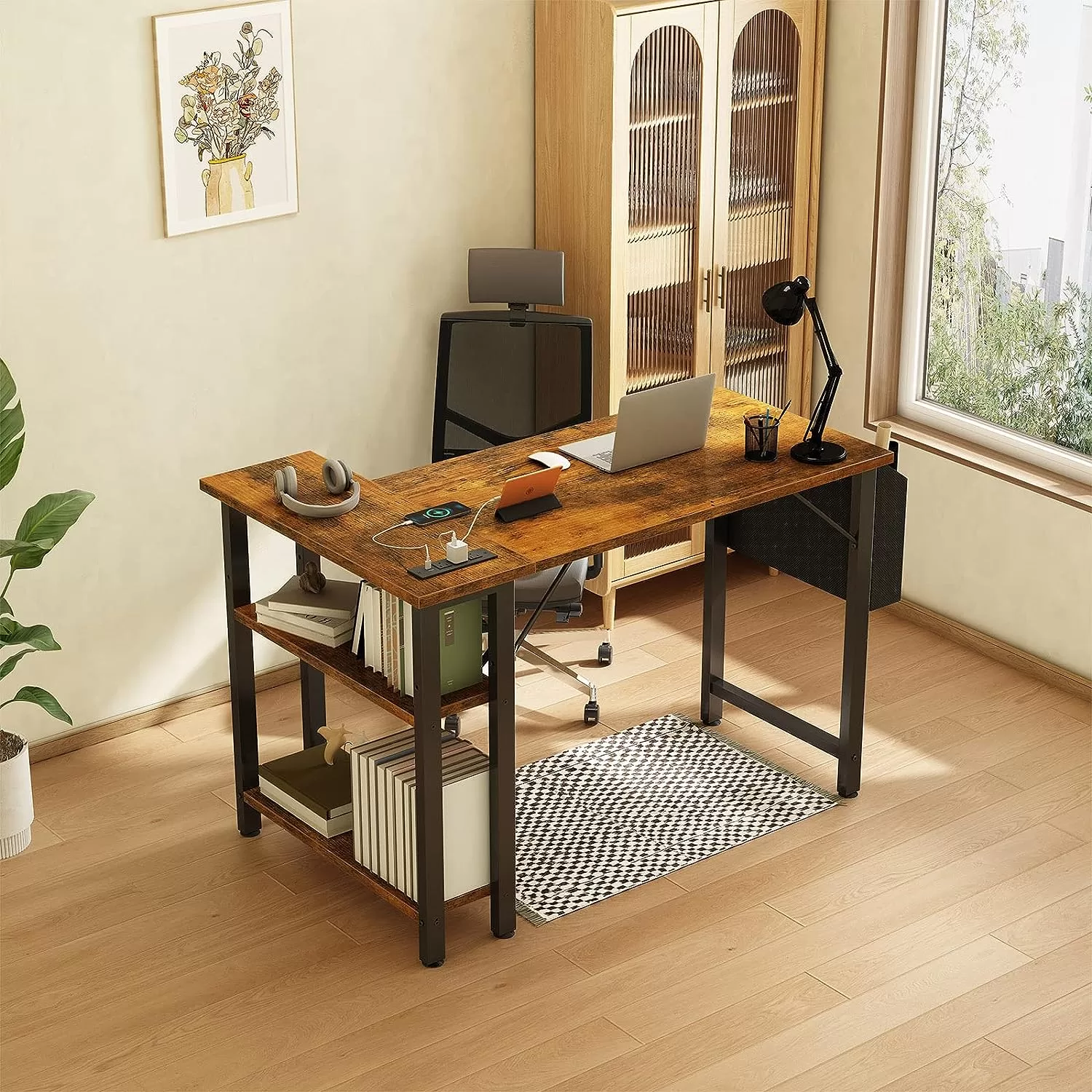 Lufeiya Small L Shaped Desk with Power Outlet Shelves, 40 Inch Corner Desk for Small Space Home Office, Rustic Brown