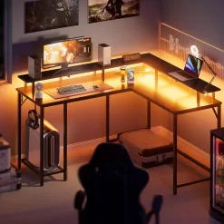 SUPERJARE L Shaped Gaming Desk with Power Outlets & LED Lights, Computer Desk, Black