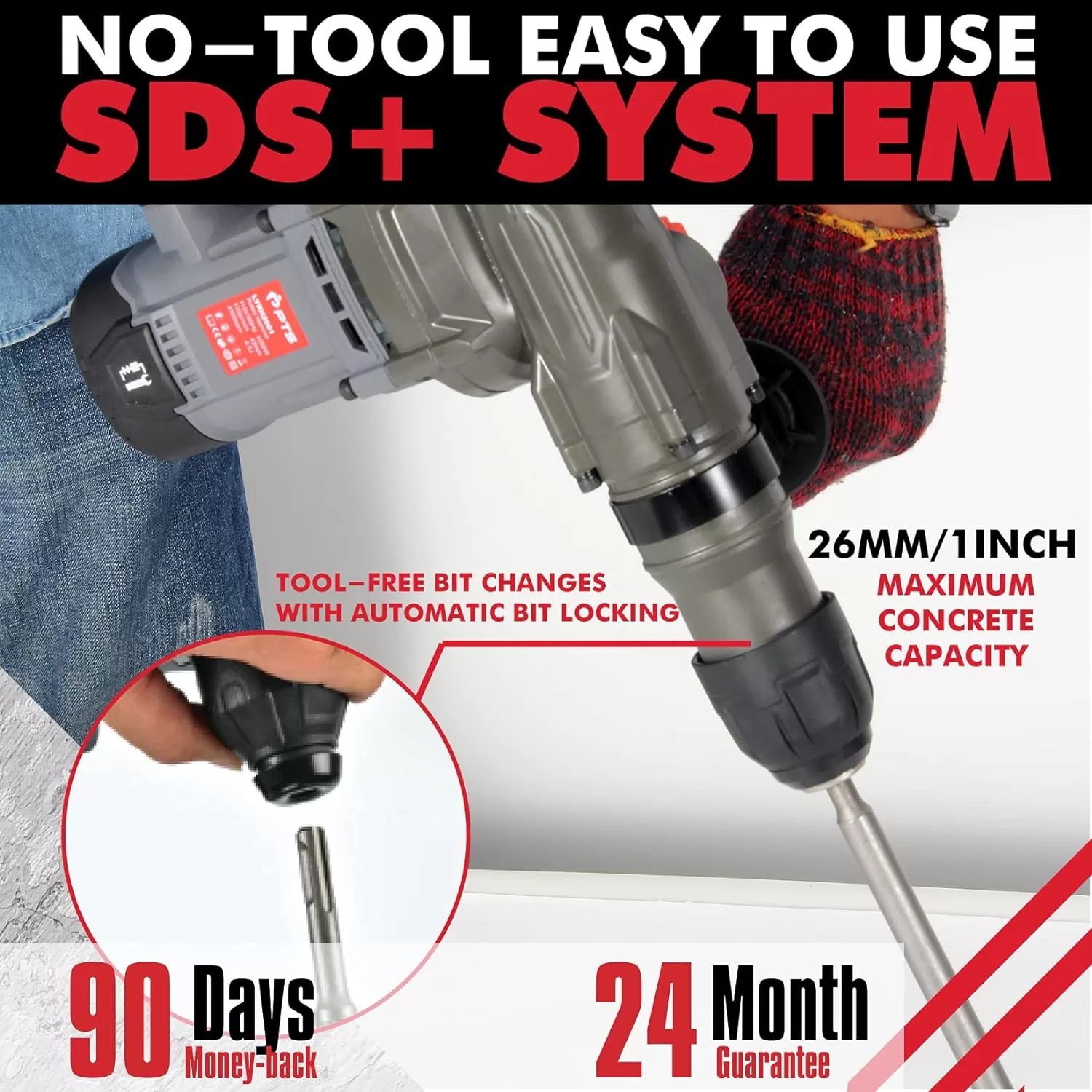PTS Corded Rotary Hammer Drill 1”26mm 10Amp 110V Combination Rotary Hammer