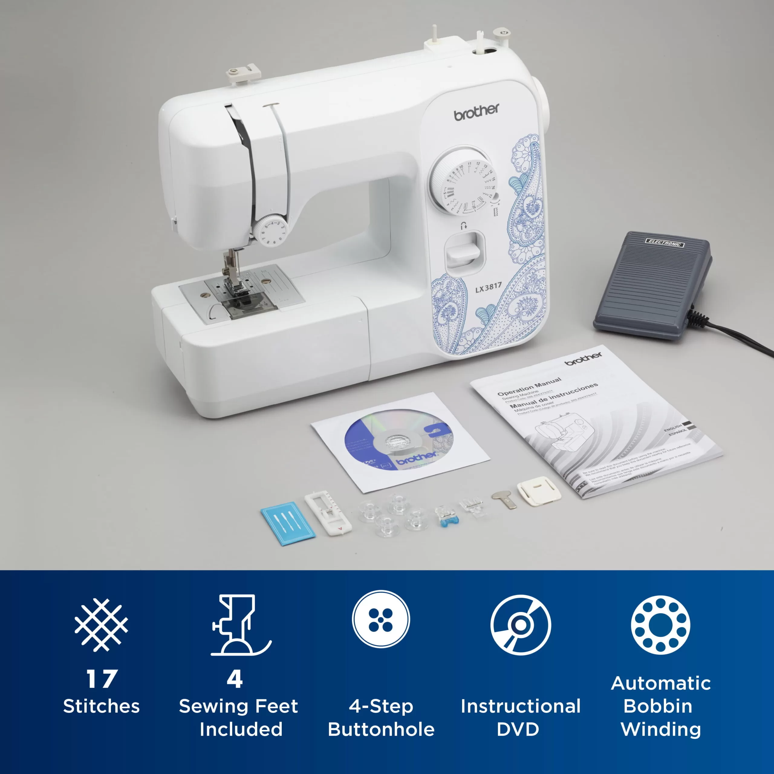 Brother LX3817 17-Stitch Portable Full-Size Sewing Machine, White