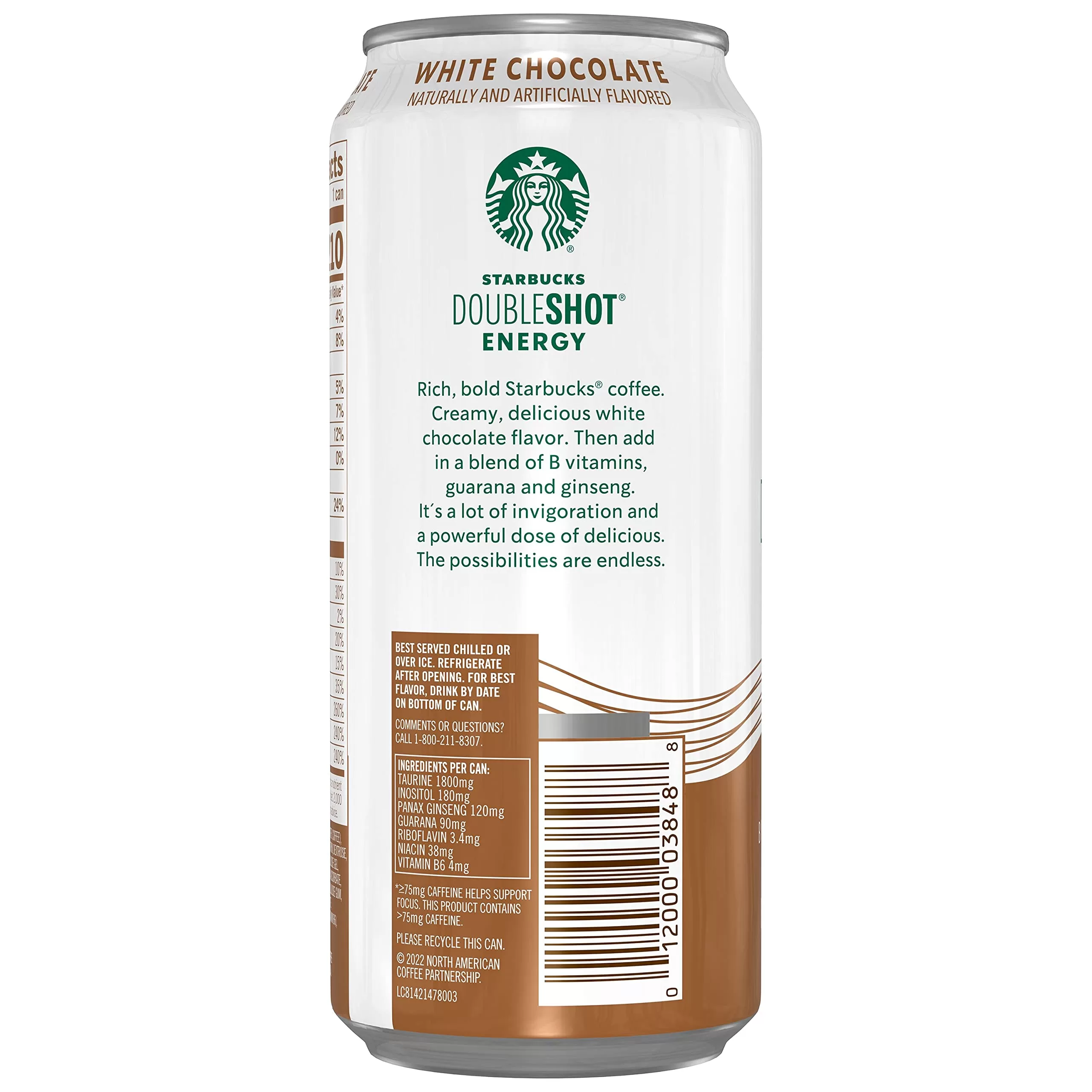 Starbucks, Doubleshot Energy Drink, White Chocolate, 15 Fl Oz (Pack of 12)