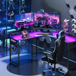 ODK L Shaped Gaming Desk with LED Lights & Power Outlets, 51