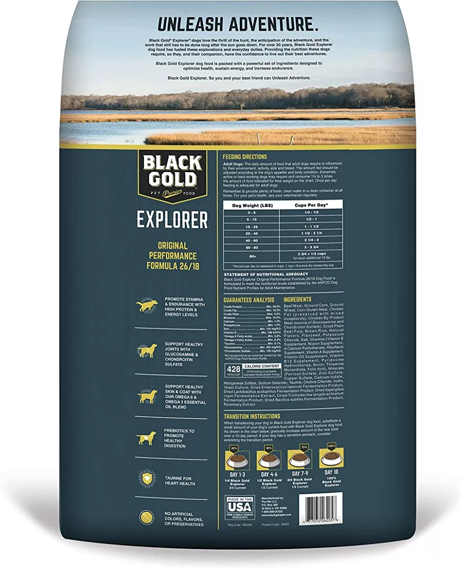 Black Gold Explorer Dry Dog Food for Adult Dogs, Original Performance 26/18 Formula, 50 lb Bag