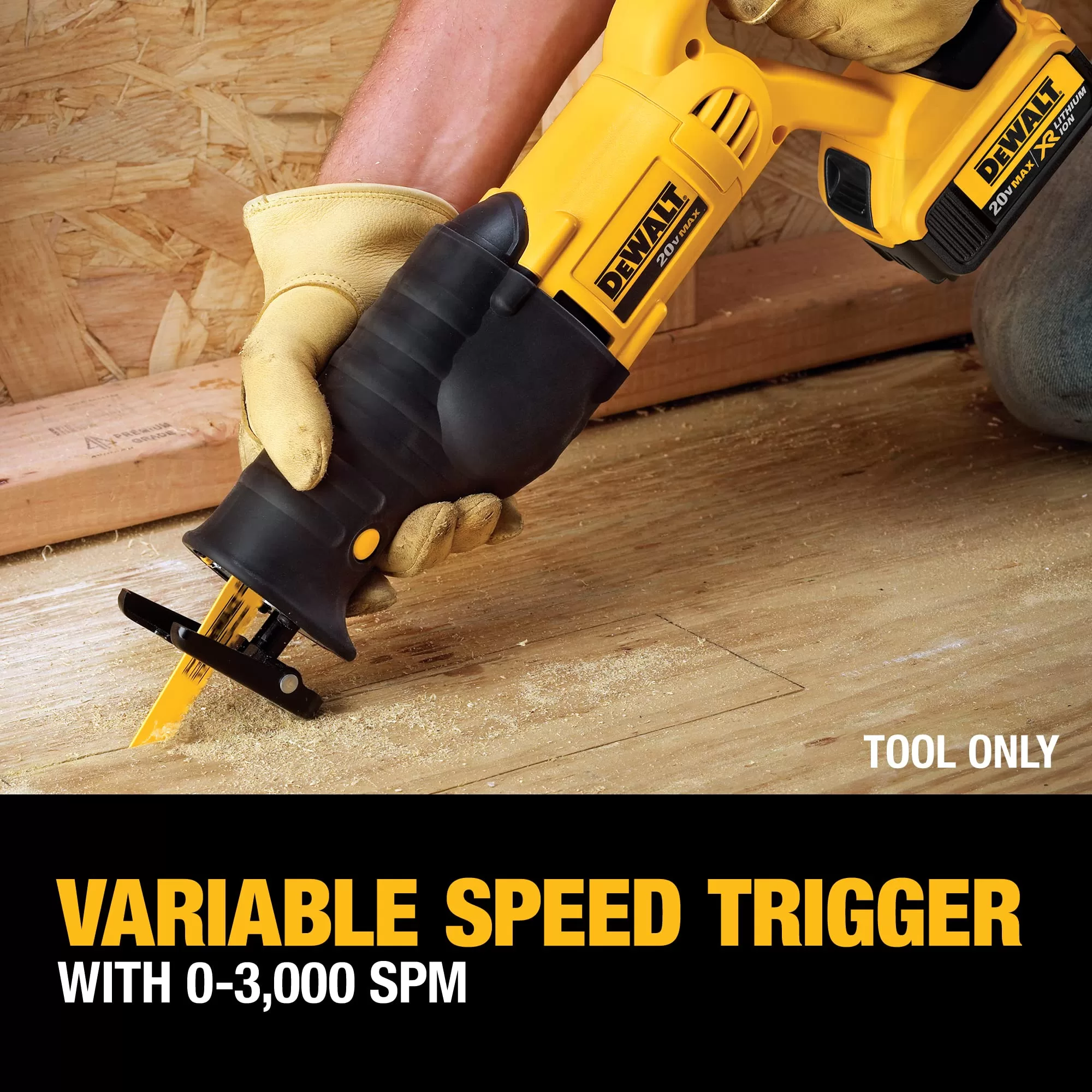 DEWALT 20V MAX Reciprocating Saw, 3,000 Strokes Per Minute, Variable Speed Trigger, Bare Tool Only (DCS380B), Black/Clear