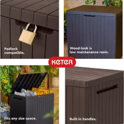 Keter City 30 Gallon Resin Deck Box for Patio Furniture, Pool Accessories, and Storage for Outdoor Toys, Grey