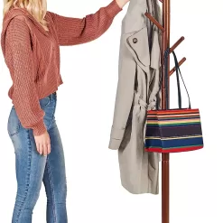 ZOBER Coat Rack Free Standing - Wooden Coat Tree W/ 6 Hooks - Coats, Purses, Hats - Adjustable Sizes, Easy Assembly - Vintage