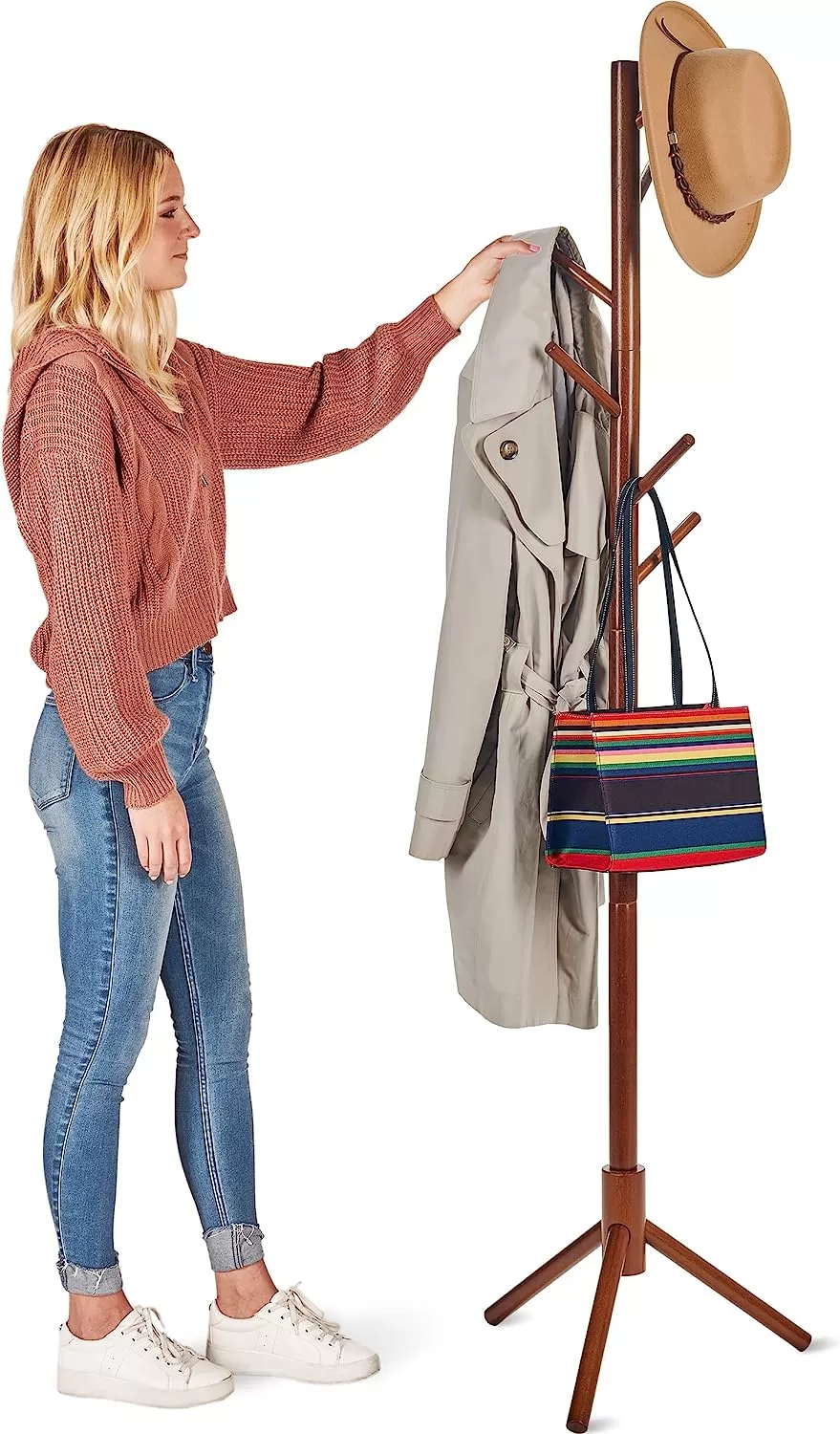 ZOBER Coat Rack Free Standing - Wooden Coat Tree W/ 6 Hooks - Coats, Purses, Hats - Adjustable Sizes, Easy Assembly - Vintage