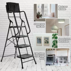 WiberWi 4 Step Ladder with Handrails 500 lb Capacity Step Stool Folding Portable Ladders for Home Kitchen Steel Frame