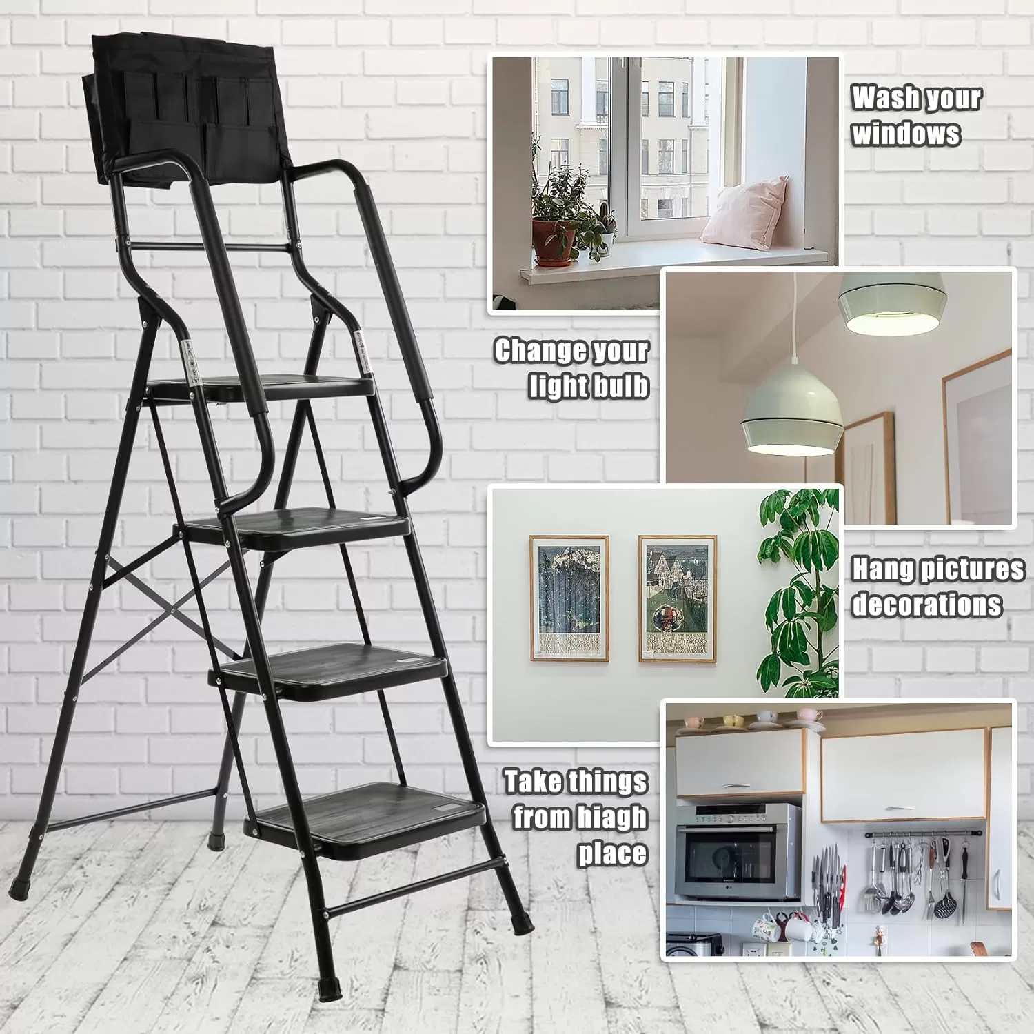 WiberWi 4 Step Ladder with Handrails 500 lb Capacity Step Stool Folding Portable Ladders for Home Kitchen Steel Frame