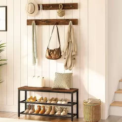 HOOBRO Shoe Bench Set, Entryway Shoe Rack with Coat Hooks, Hall Tree Coat Rack, Mud Room Bench, Rustic Brown BF07MT01