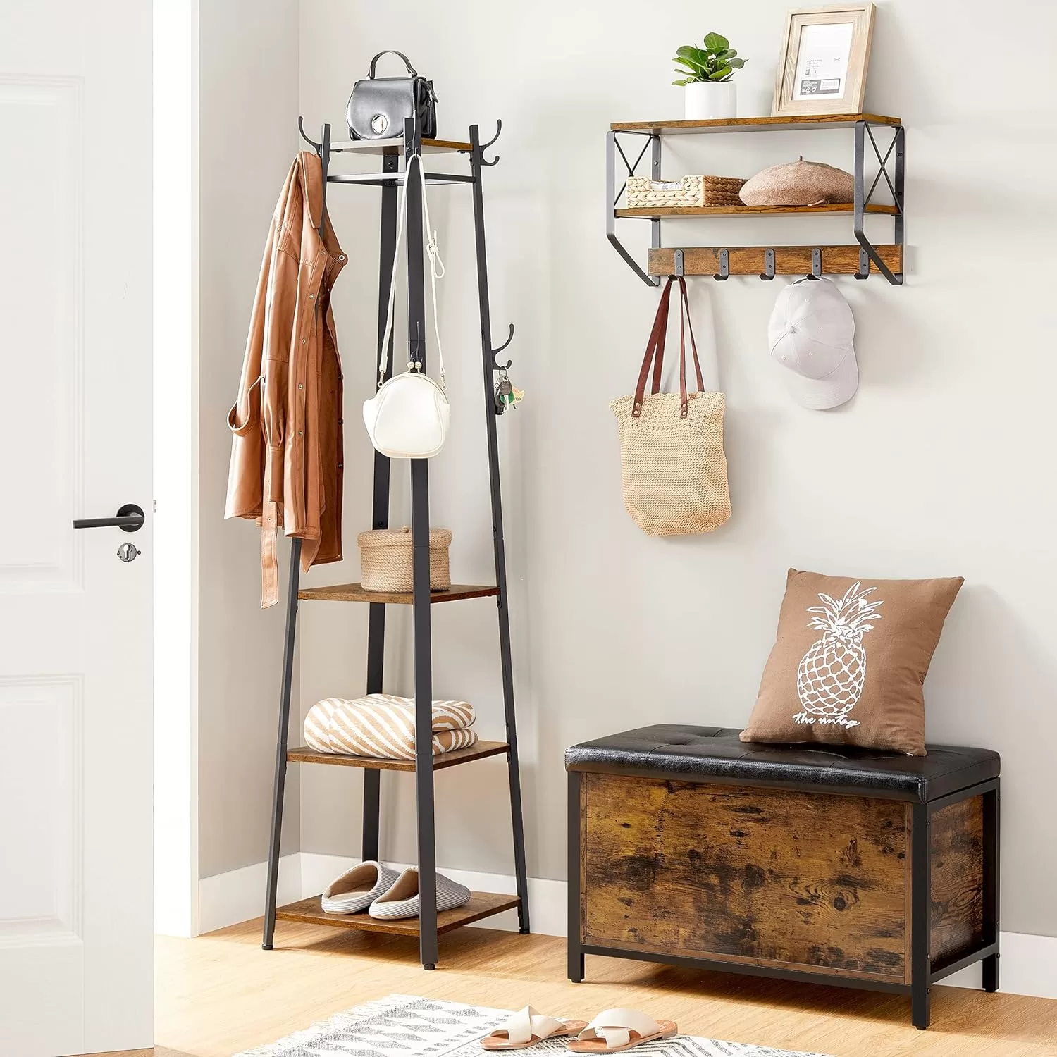 VASAGLE ALINRU Coat Rack with 3 Shelves, Stand with Hooks