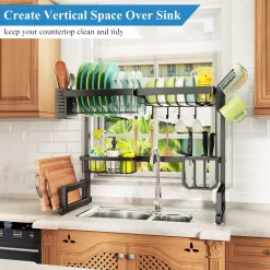 Over The Sink Dish Drying Rack, Adjustable (26.8" to 34.6") Large Dish Drying Rack for Kitchen Counter, 2 Tier Black