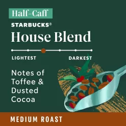 Starbucks K-Cup Coffee Pods, Medium Roast Coffee, Half-Caff House Blend For Keurig Brewers, 100% Arabica, 6 Boxes (60 Pods Total)