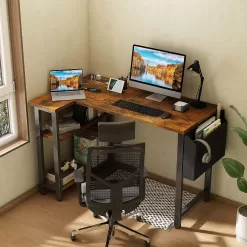 Lufeiya Small L Shaped Desk with Power Outlet Shelves, 40 Inch Corner Desk for Small Space Home Office, Rustic Brown