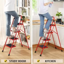 KINGRACK Folding Step Ladder 4 Steps Stool,Heavy-Duty Sturdy Safety Steel Tall Step Stool Ladders, Red
