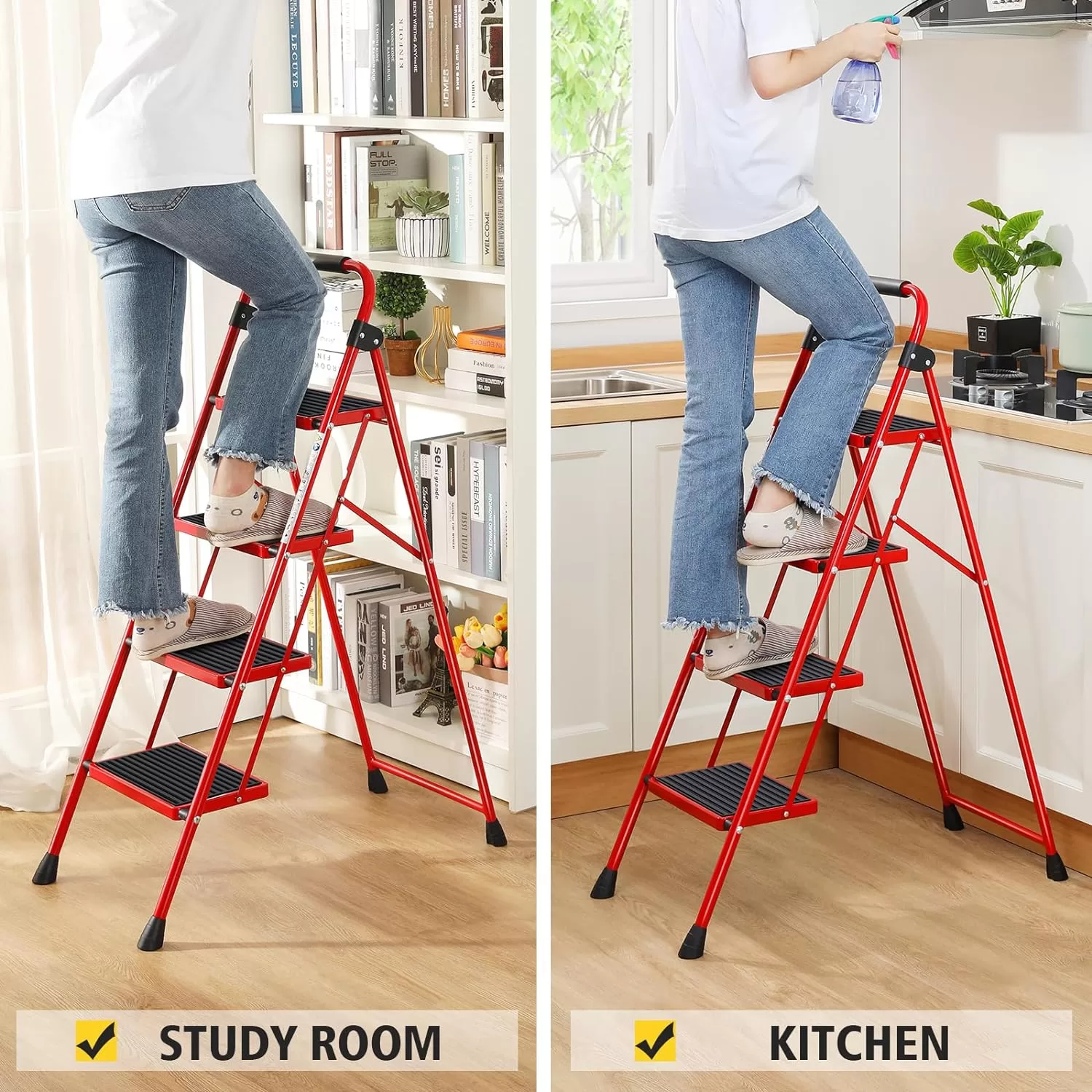 KINGRACK Folding Step Ladder 4 Steps Stool,Heavy-Duty Sturdy Safety Steel Tall Step Stool Ladders, Red