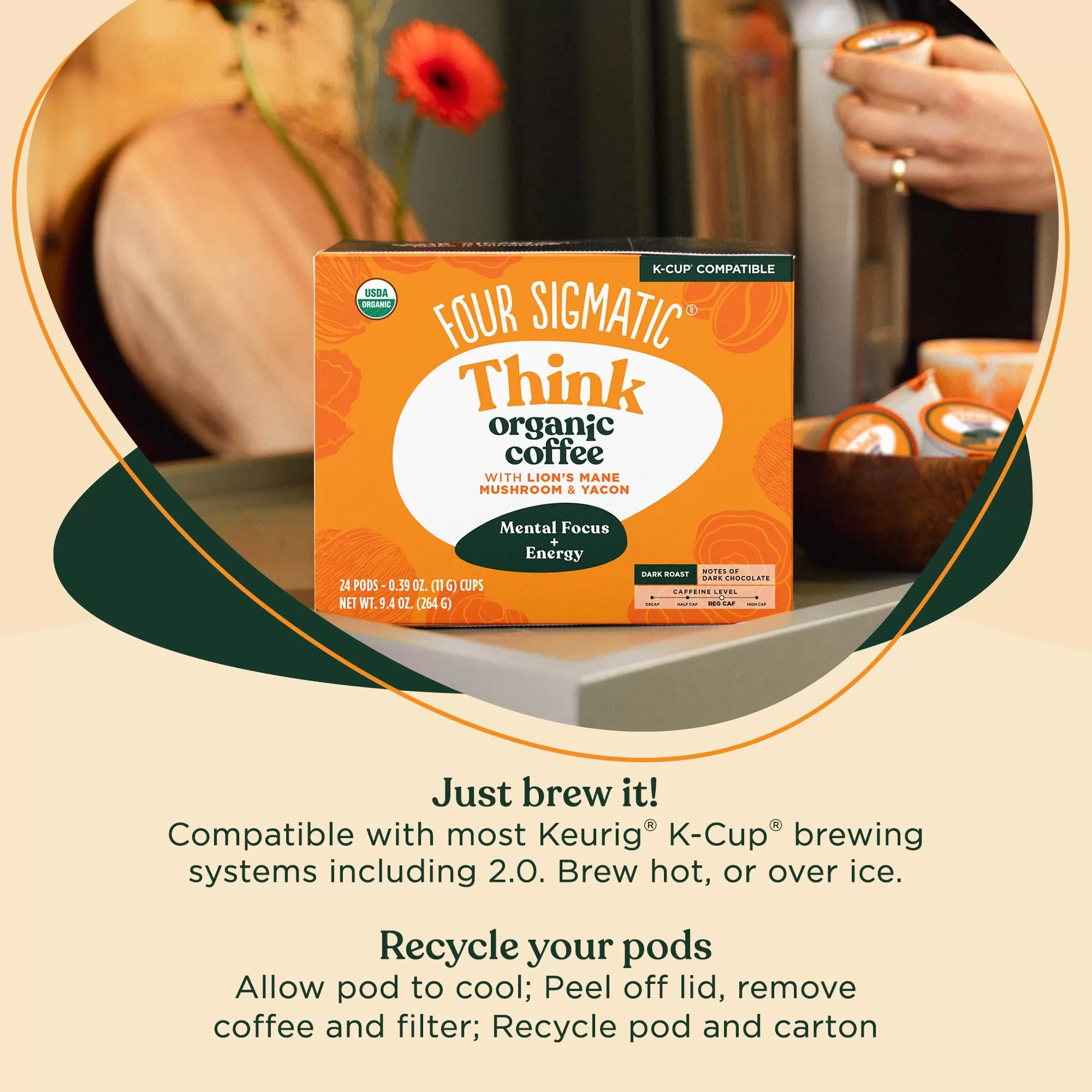 Mushroom Coffee K-Cups by Four Sigmatic | Organic and Fair Trade Dark Roast Coffee with Lion’s Mane, Chaga & Mushroom Powder - 24 Count
