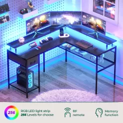 Huuger L Shaped Desk Gaming Desk with LED Lights & Power Outlets- Black