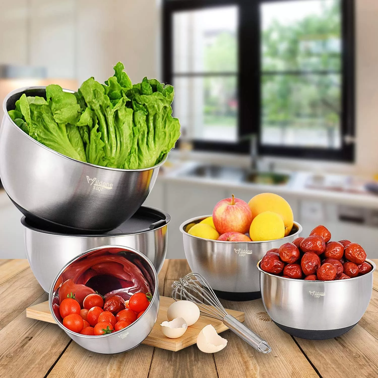 Wildone Mixing Bowls Set of 5, Stainless Steel Nesting Bowls with Airtight Lids