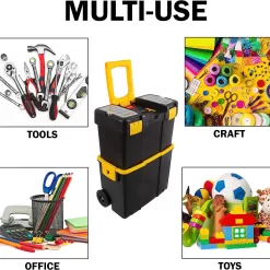 Portable Tool Box with Wheels - Stackable 2-in-1 Tool Chest with Fold-Down Comfort Handles