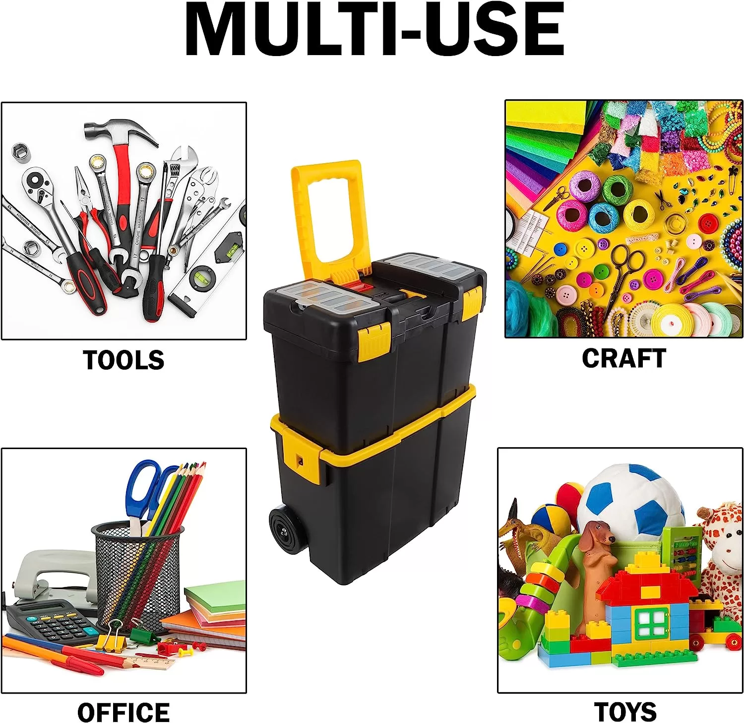 Portable Tool Box with Wheels - Stackable 2-in-1 Tool Chest with Fold-Down Comfort Handles