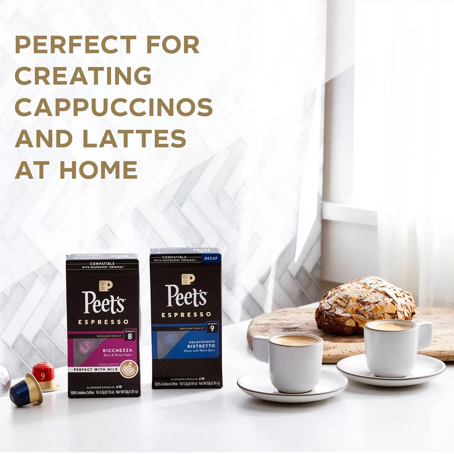 Peet's Coffee, Medium Roast Espresso Pods Compatible, Cafe Inspired Ricchezza Intensity 8, 100 Count (10 Boxes of 10 Espresso Capsules)