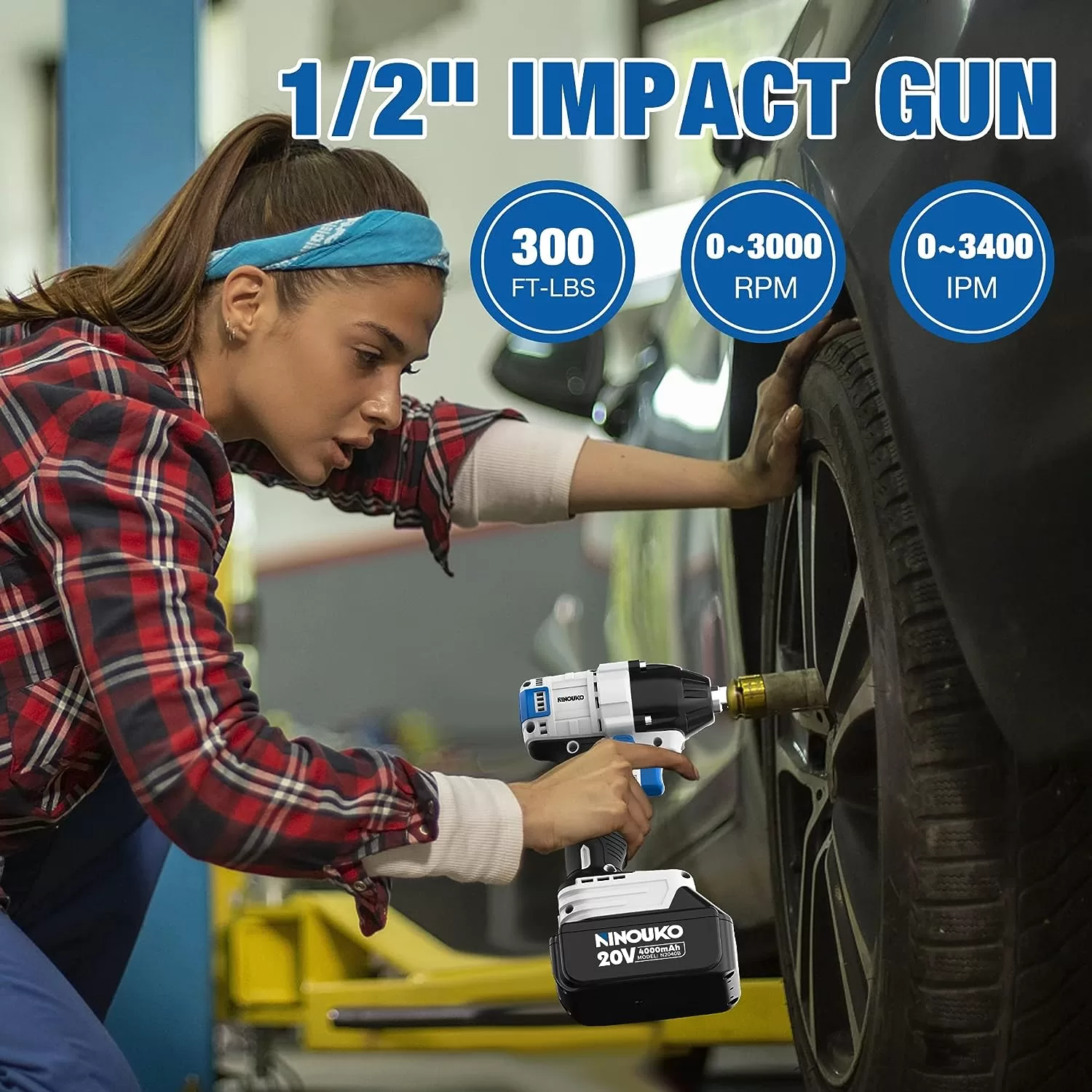 NINOUKO Cordless Impact Wrench 1/2 inch, 20V Electric Impact Gun
