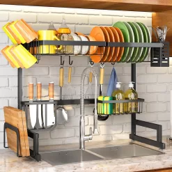 Over The Sink Dish Drying Rack, Adjustable (26.8" to 34.6") Large Dish Drying Rack for Kitchen Counter, 2 Tier Black