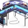 Huuger L Shaped Desk Gaming Desk with LED Lights & Power Outlets- Black