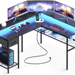 Huuger L Shaped Desk Gaming Desk with LED Lights & Power Outlets- Black