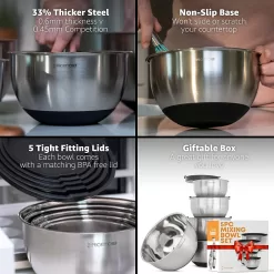 Priority Chef Premium Mixing Bowls With Airtight Lids Set, Thicker Stainless Steel Mixing Bowl Set, Black