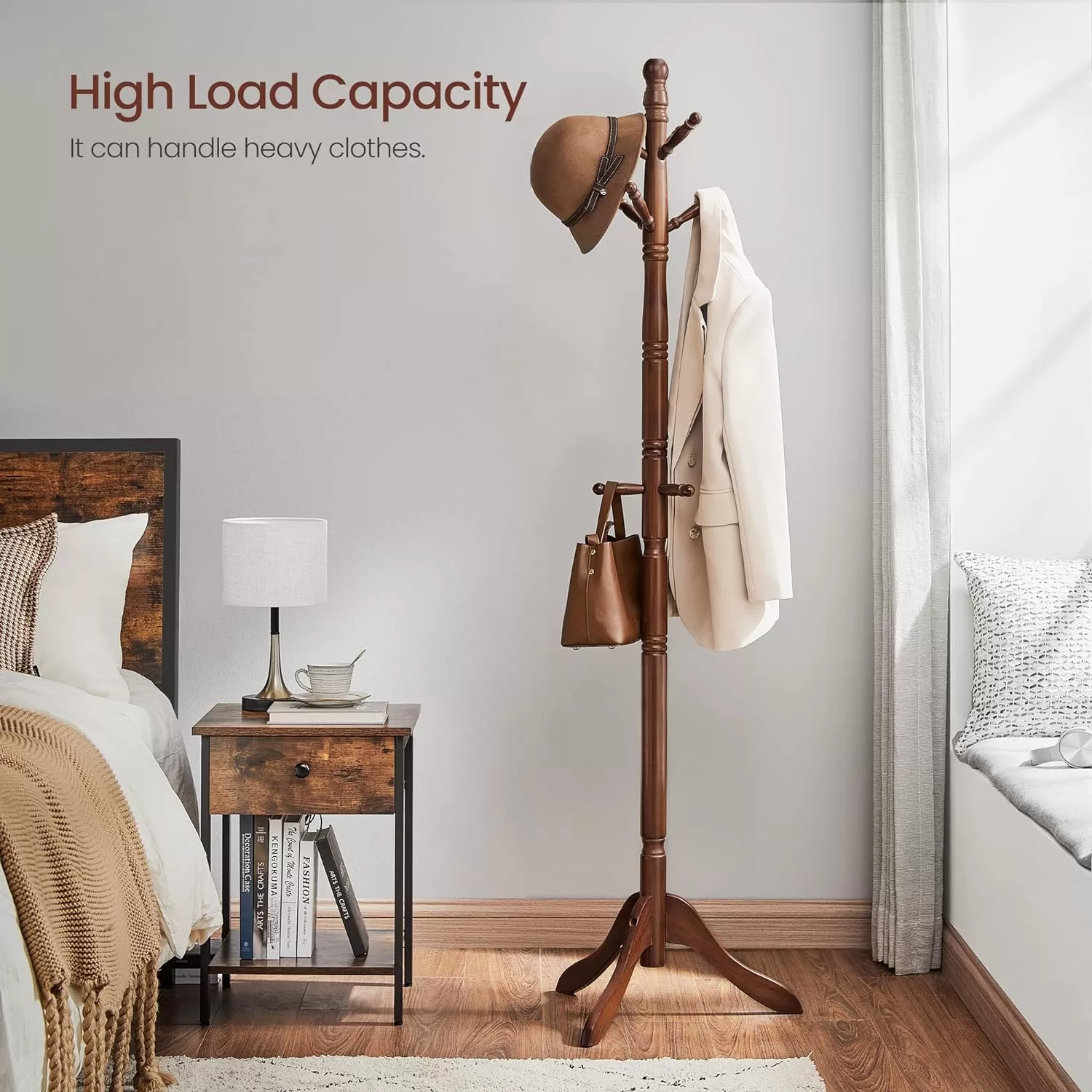 VASAGLE Solid Wood Coat Rack/Stand, Free Standing Hall Coat Tree with 10 Hooks