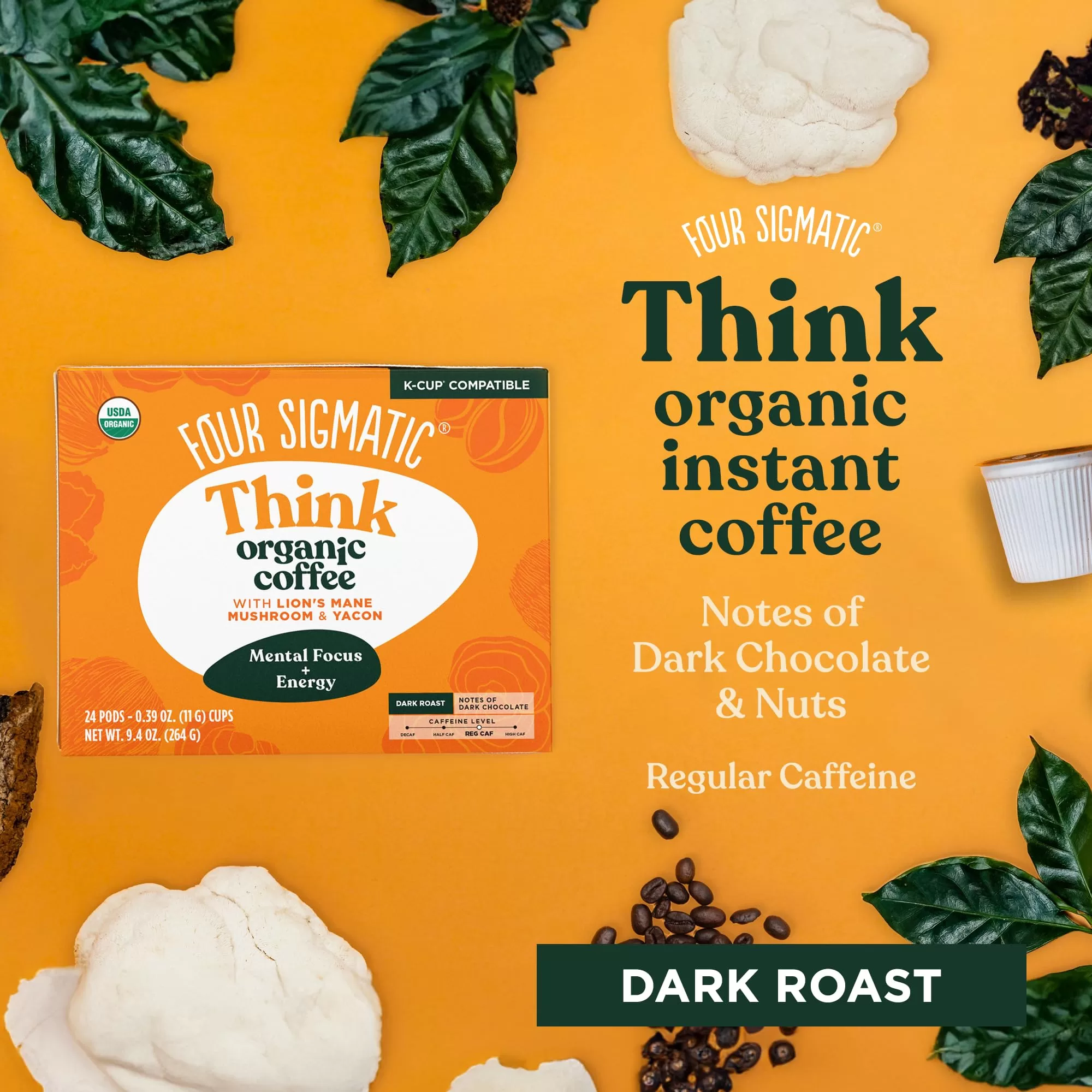 Mushroom Coffee K-Cups by Four Sigmatic | Organic and Fair Trade Dark Roast Coffee with Lion’s Mane, Chaga & Mushroom Powder - 24 Count