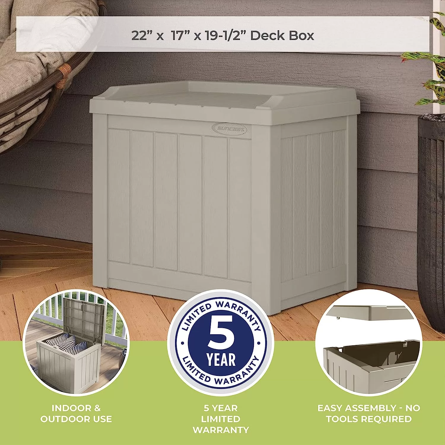 Suncast Small Deck Box-Lightweight Resin Indoor/Outdoor Storage Container, Light Taupe