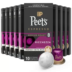 Peet's Coffee, Medium Roast Espresso Pods Compatible, Cafe Inspired Ricchezza Intensity 8, 100 Count (10 Boxes of 10 Espresso Capsules)