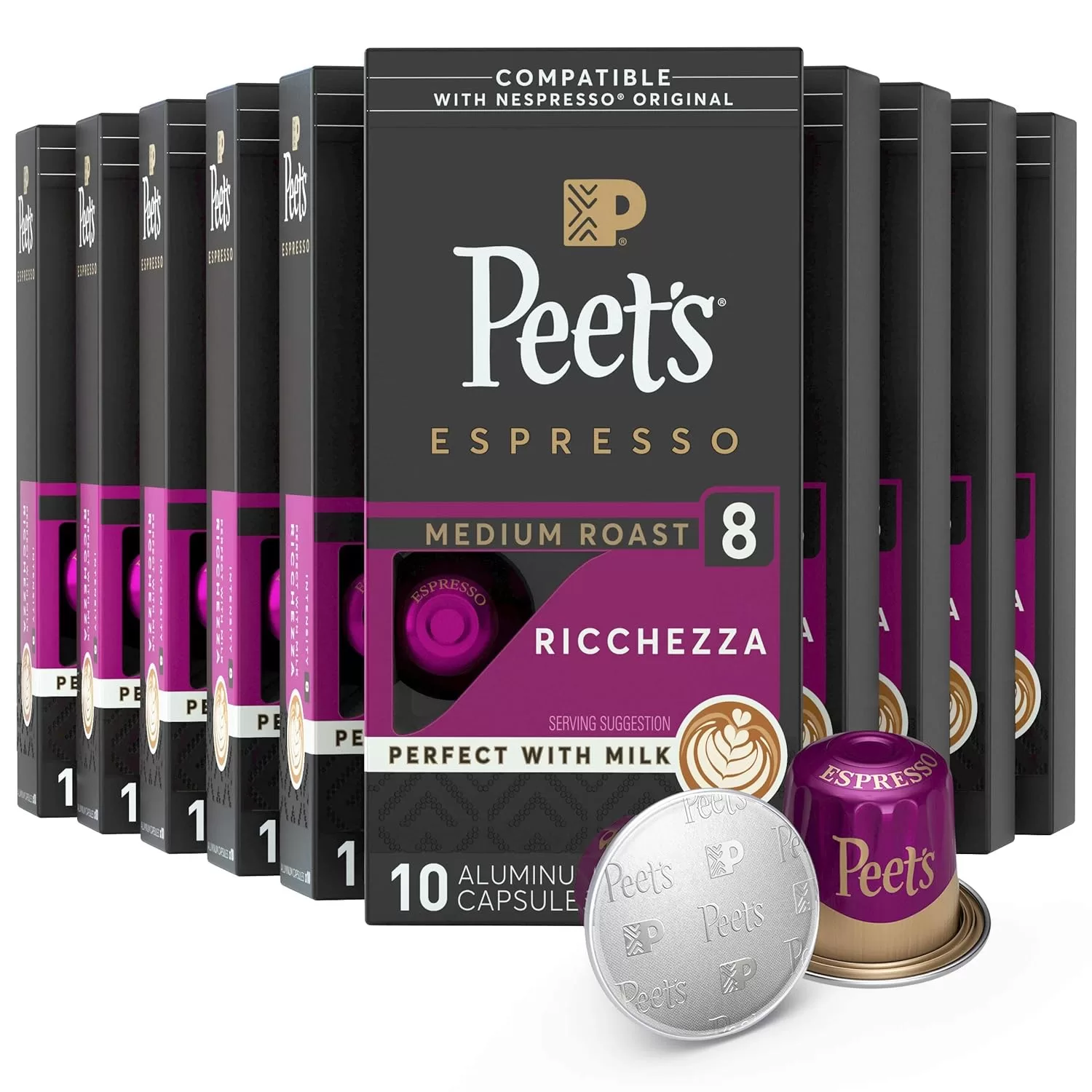Peet's Coffee, Medium Roast Espresso Pods Compatible, Cafe Inspired Ricchezza Intensity 8, 100 Count (10 Boxes of 10 Espresso Capsules)
