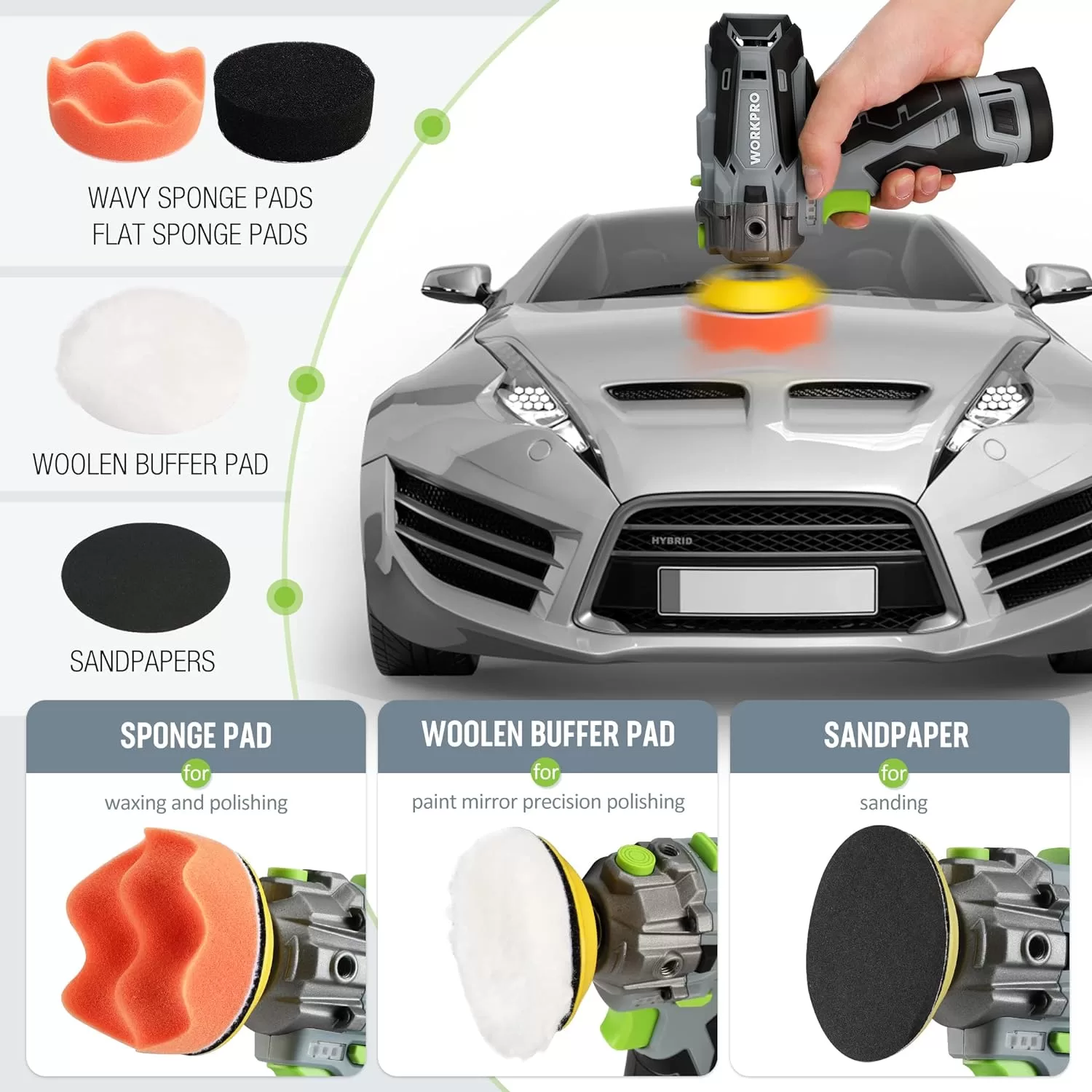 WORKPRO 12V Cordless Polisher, 3" Mini Car Detailing Buffer & Sander Machine Kit